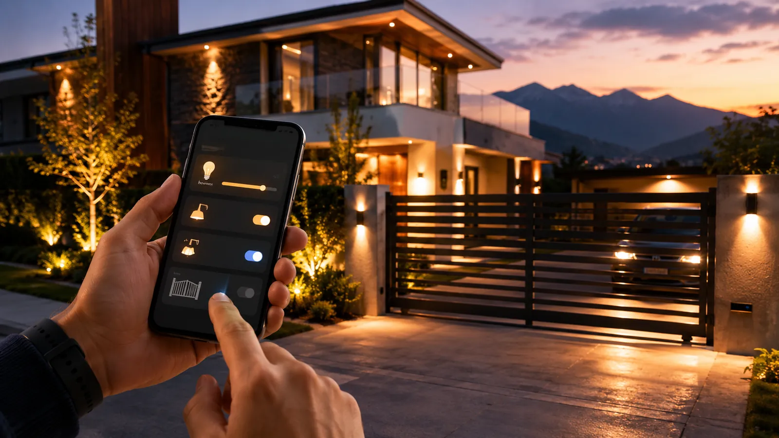App de domótica controlando luces y portón de una casa moderna al atardecer
