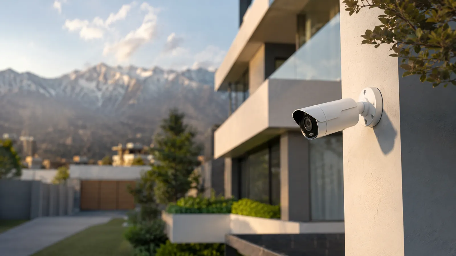 Cámara de seguridad instalada en una casa moderna con la cordillera de los Andes de fondo