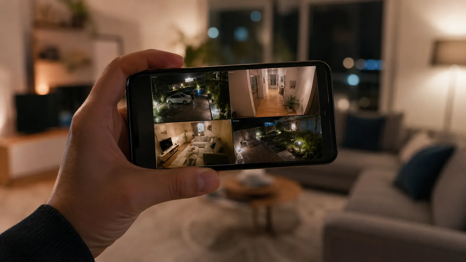 Monitoreo de cámaras de seguridad en vivo desde el celular en un living de noche