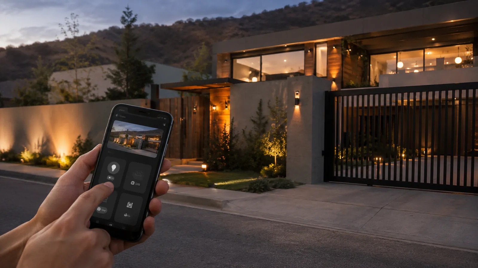Portón automático de una casa controlado desde una app en el celular